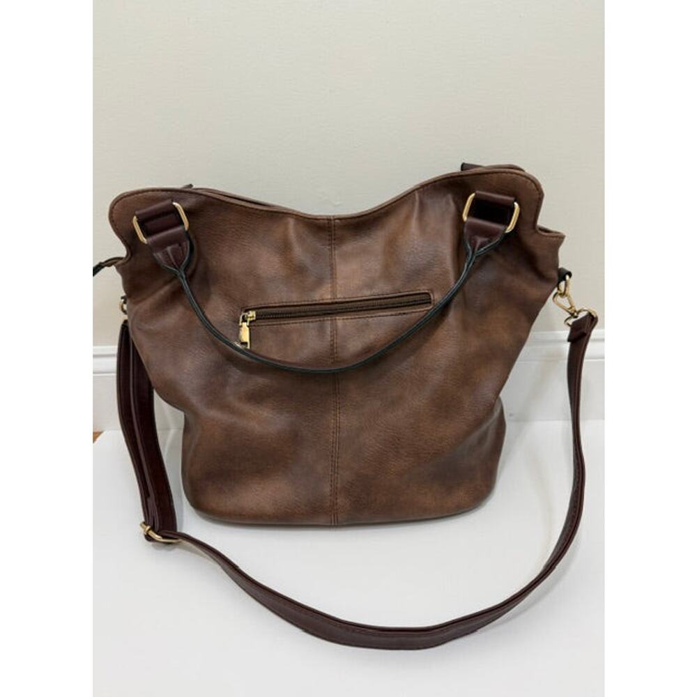 Vegan Leather Bucket Tote Crossbody Bag Brown Gold Hardware - Picture 2 of 8